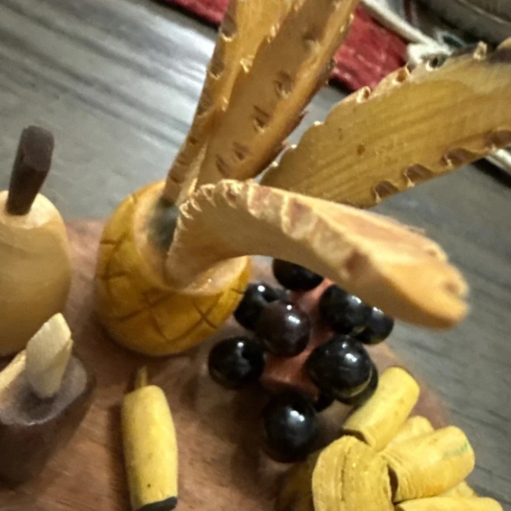 Vintage Miniature Wooden‎ Hand Carved Fruit on Plate Set of 7 Pineapple Bananas